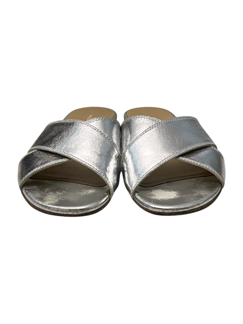 Stuart Weitzman Byway Slides Silver Metallic Leather Flat Sandals 7 - Picture 9 of 13
